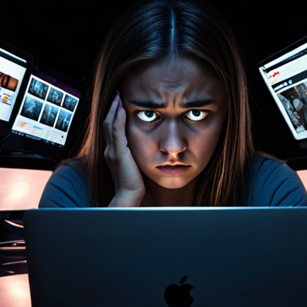 **

A person looking stressed and surrounded by the glow of multiple screens (phone, laptop). Emphasize the feeling of being trapped or overwhelmed by digital devices. Dark, moody lighting. Focus on the face and the reflection of the screens in the eyes.

**