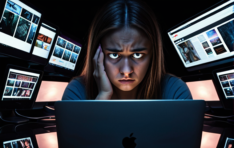 **

A person looking stressed and surrounded by the glow of multiple screens (phone, laptop). Emphasize the feeling of being trapped or overwhelmed by digital devices. Dark, moody lighting. Focus on the face and the reflection of the screens in the eyes.

**