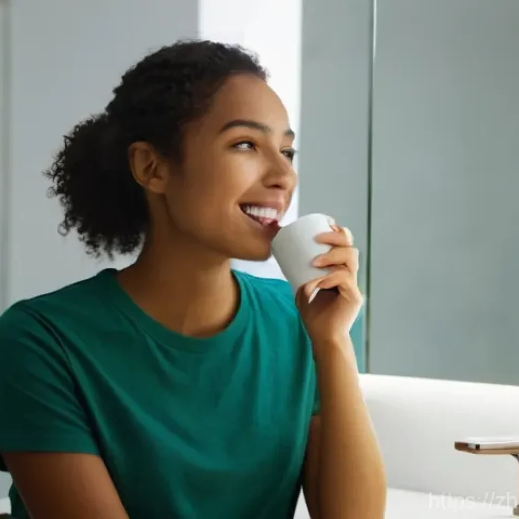니코틴 중독의 대체 요법 - **Prompt:** A clean and brightly lit modern bathroom. A young woman, in her late 20s, with a fresh a...