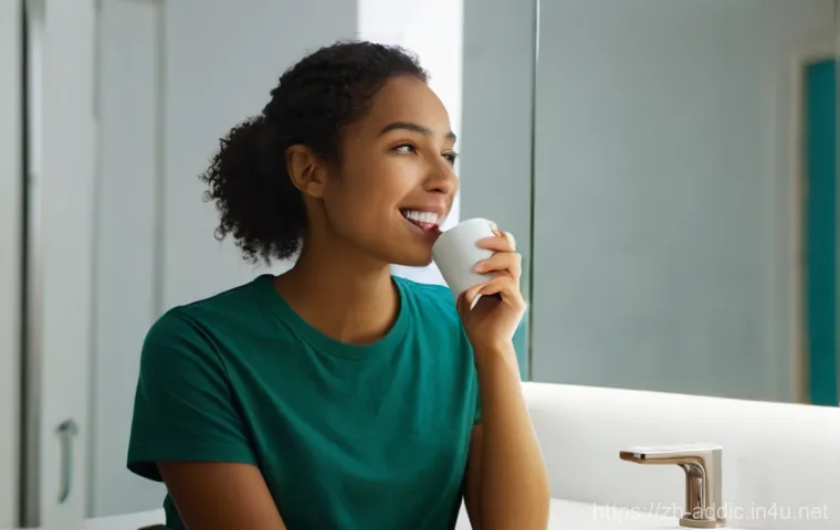 니코틴 중독의 대체 요법 - **Prompt:** A clean and brightly lit modern bathroom. A young woman, in her late 20s, with a fresh a...