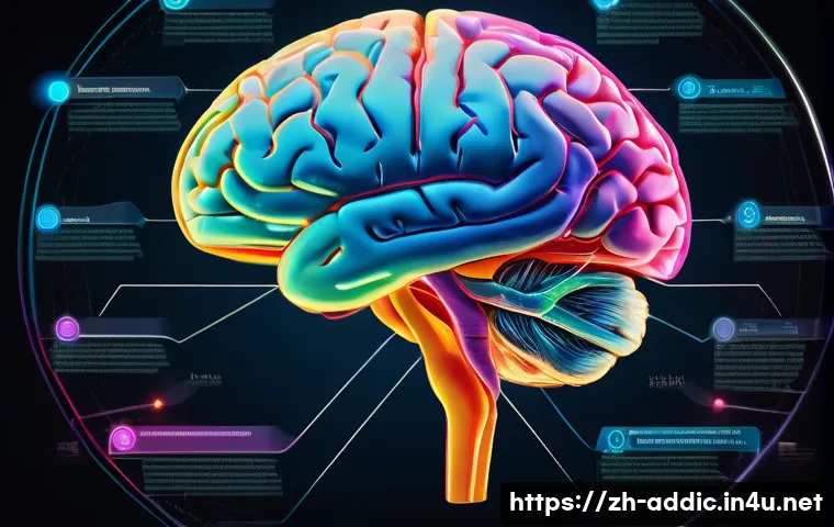 마약 중독과 신경전달물질 - A detailed anatomical illustration of the human brain highlighting the reward system pathways with v...