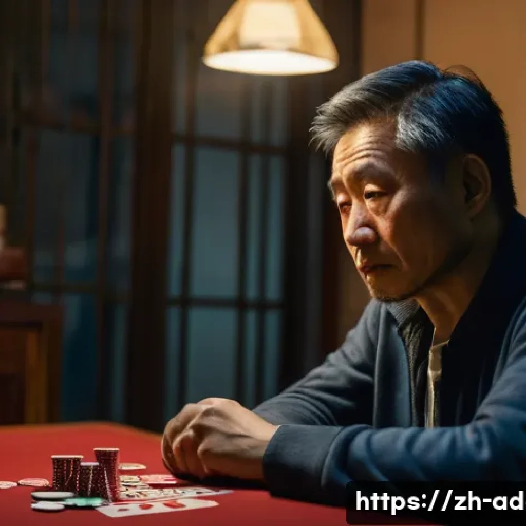 도박 중독 치료 전문가 - A detailed, emotionally expressive scene of a middle-aged Chinese man sitting alone in a dimly lit r...