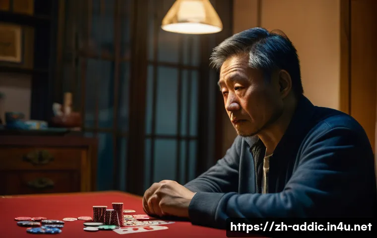도박 중독 치료 전문가 - A detailed, emotionally expressive scene of a middle-aged Chinese man sitting alone in a dimly lit r...