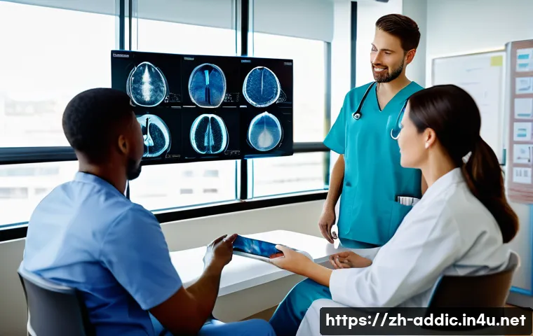 마약 중독 치료의 최신 트렌드 - A modern clinical scene showcasing a multidisciplinary addiction treatment team collaborating in a b...