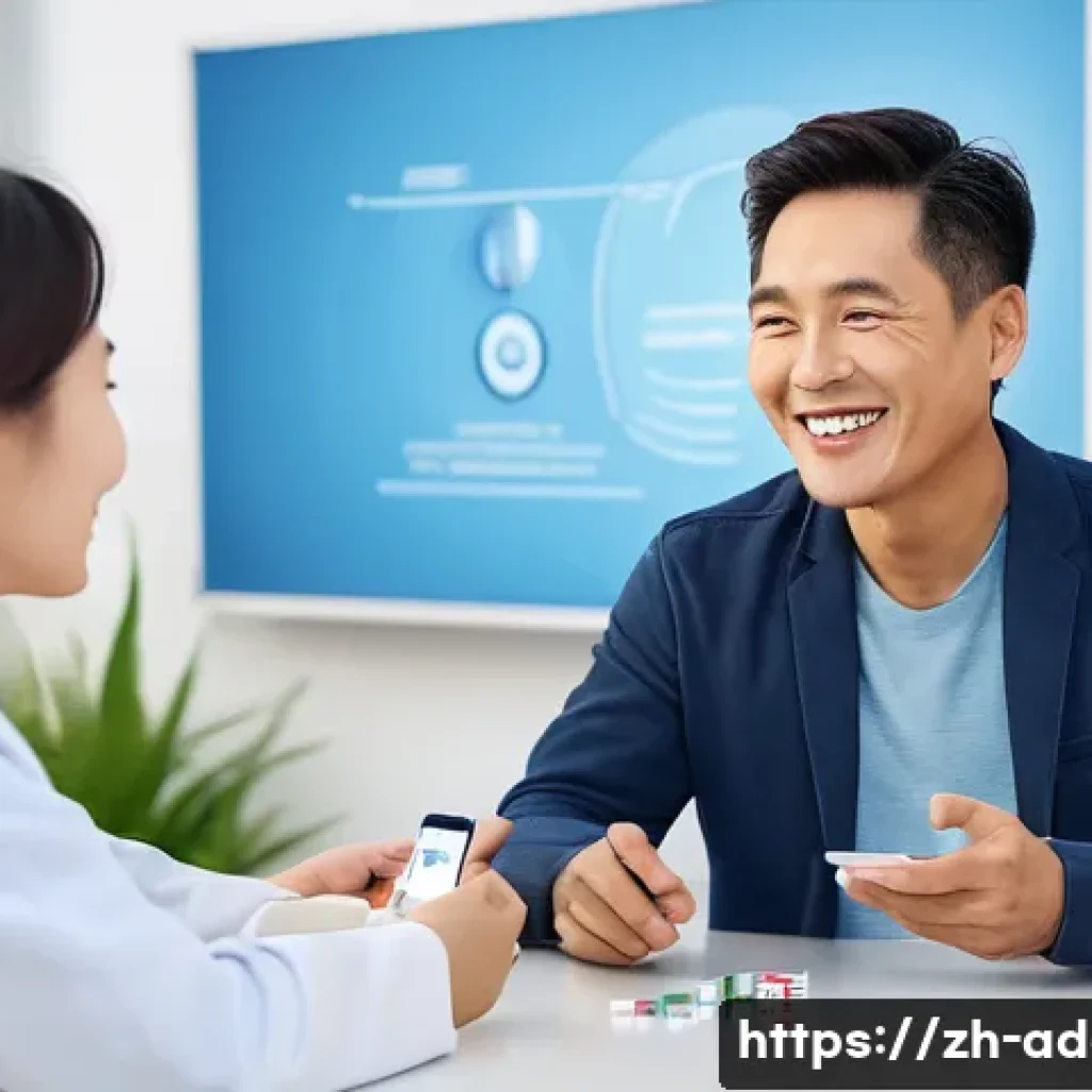 니코틴 의존증 치료 - A modern, bright clinic setting where a middle-aged East Asian man is consulting with a female docto...