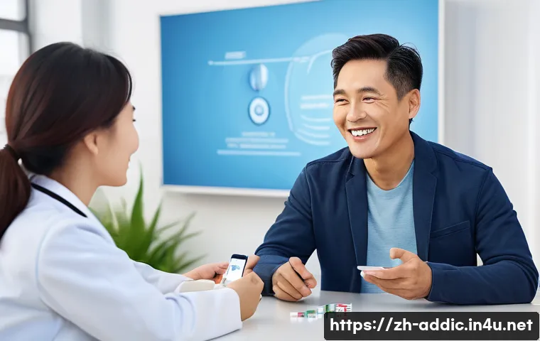 니코틴 의존증 치료 - A modern, bright clinic setting where a middle-aged East Asian man is consulting with a female docto...