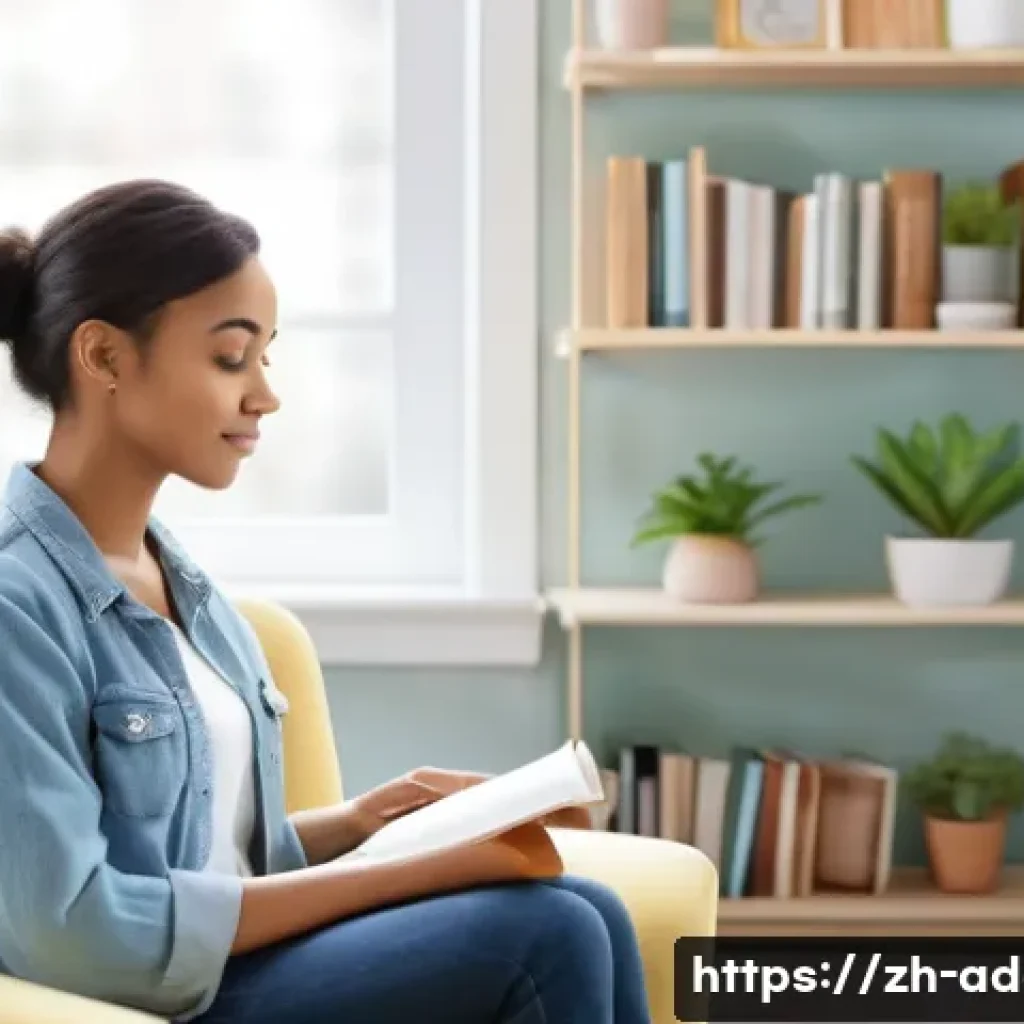 식이장애 치료와 치료법 - A serene therapy room scene showing a young adult woman sitting comfortably on a cozy armchair, enga...