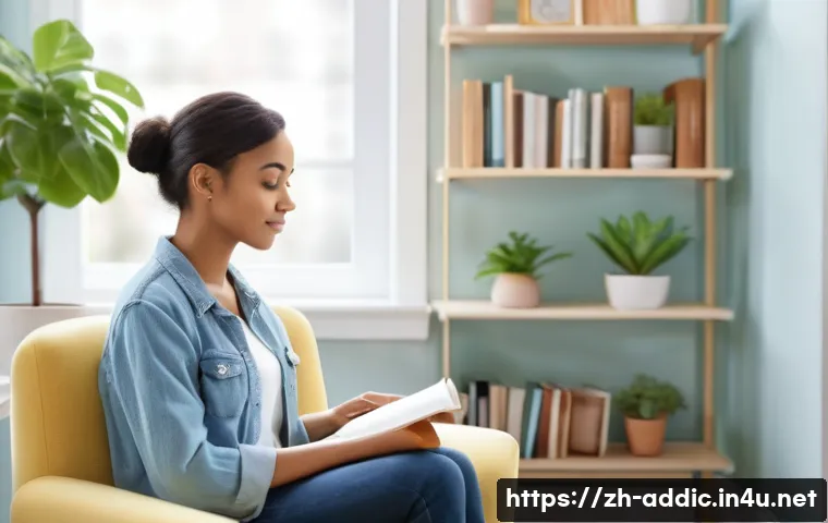 식이장애 치료와 치료법 - A serene therapy room scene showing a young adult woman sitting comfortably on a cozy armchair, enga...