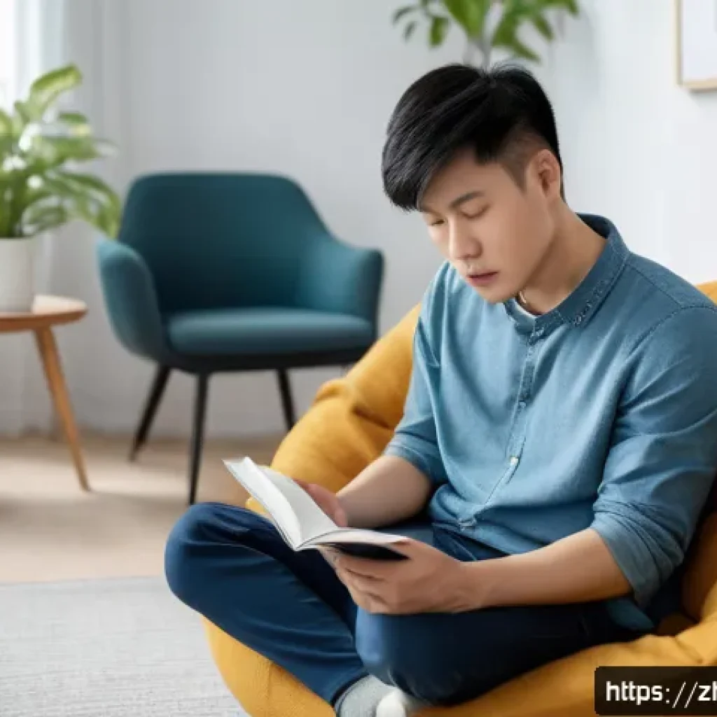 니코틴 금연 도전기 - A young Chinese adult man sitting calmly in a modern living room, practicing deep breathing exercise...