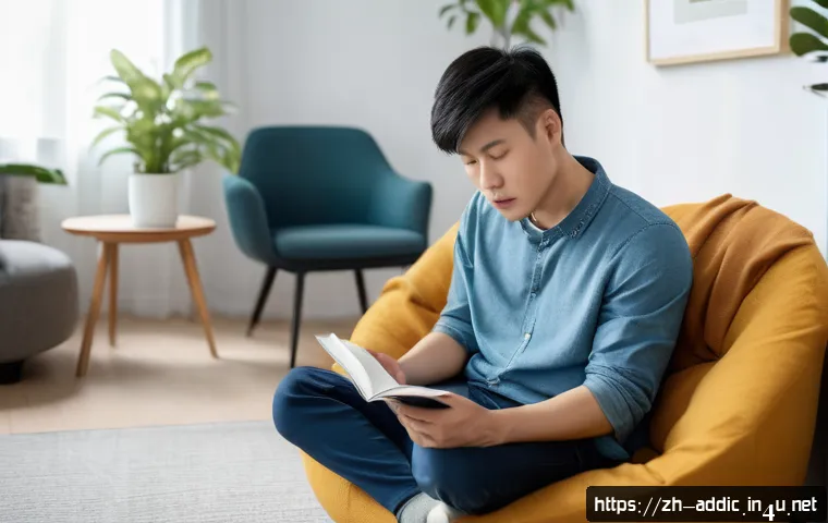 니코틴 금연 도전기 - A young Chinese adult man sitting calmly in a modern living room, practicing deep breathing exercise...