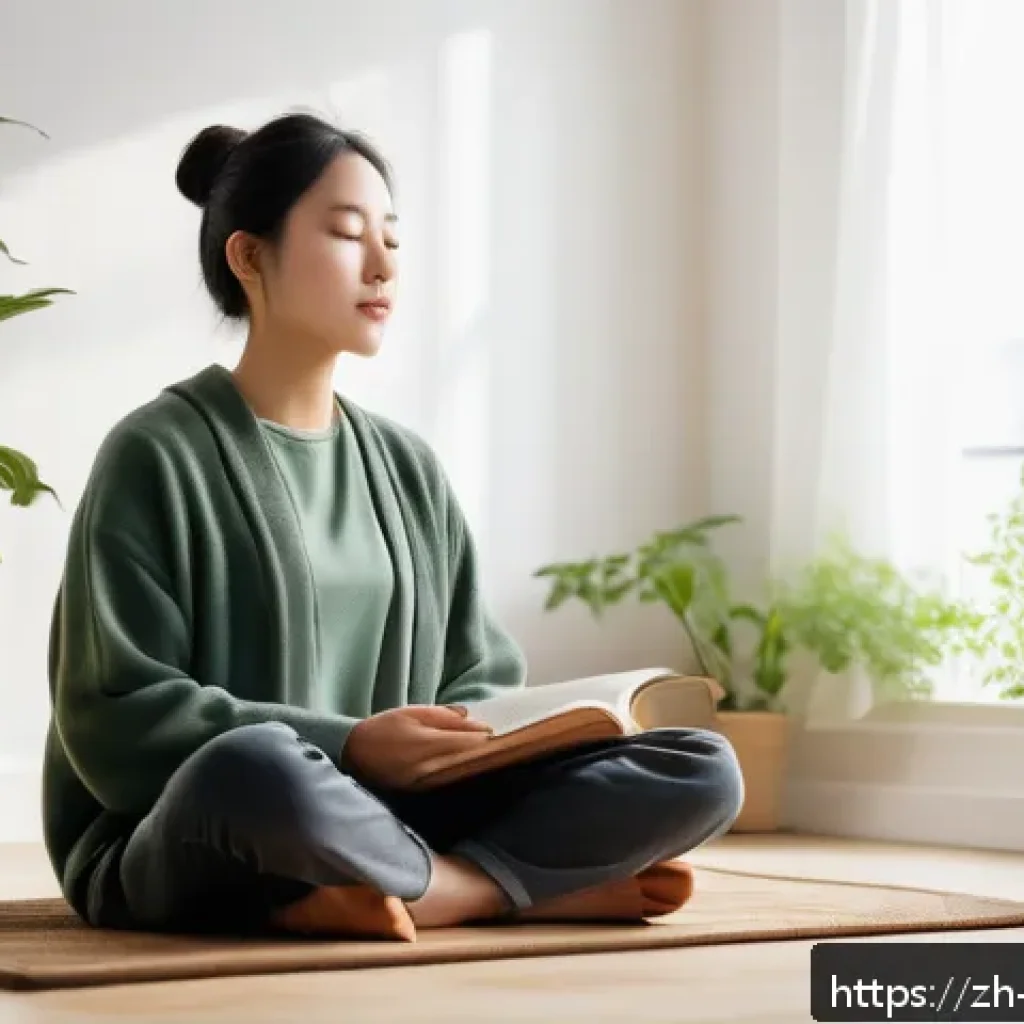 도박 중독 후유증 관리 - A serene indoor scene showing a young adult practicing deep breathing and meditation in a cozy, soft...