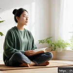 도박 중독 후유증 관리 - A serene indoor scene showing a young adult practicing deep breathing and meditation in a cozy, soft...