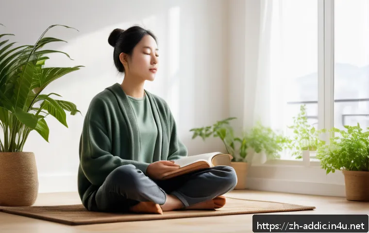 도박 중독 후유증 관리 - A serene indoor scene showing a young adult practicing deep breathing and meditation in a cozy, soft...