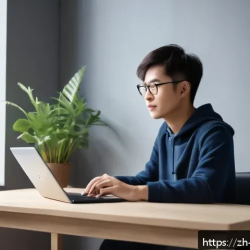인터넷 중독 치료 프로그램 - A modern Chinese young adult sitting at a minimalist desk in a softly lit room, focused on a laptop ...