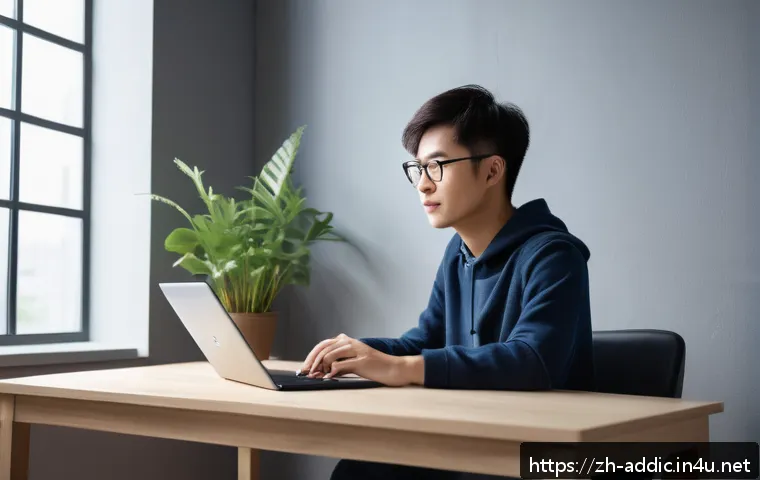 인터넷 중독 치료 프로그램 - A modern Chinese young adult sitting at a minimalist desk in a softly lit room, focused on a laptop ...