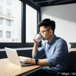 카페인 중독 예방 교육 - A detailed, realistic illustration of a young adult sitting at a modern office desk, drinking a cup ...