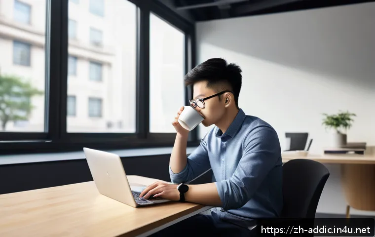 카페인 중독 예방 교육 - A detailed, realistic illustration of a young adult sitting at a modern office desk, drinking a cup ...
