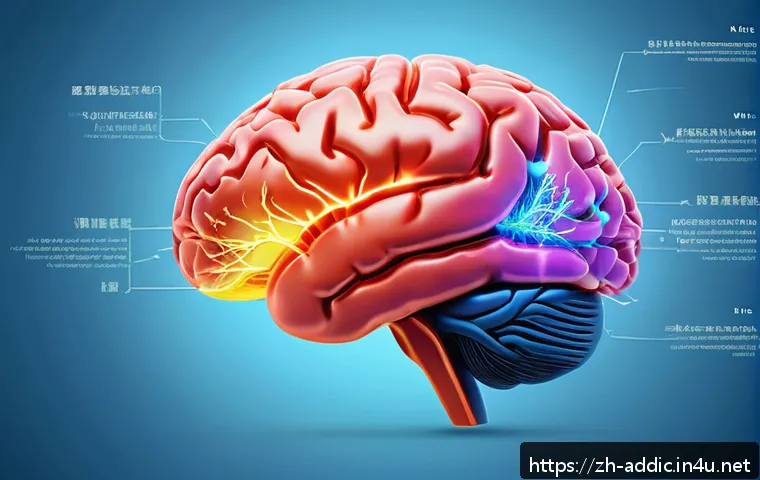 니코틴 중독 예방 교육 - A detailed scientific illustration of the human brain highlighting nicotine’s effect on neural pathw...