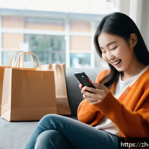 쇼핑 중독 치료 후기 - A modern young Chinese woman sitting at a cozy living room sofa, holding a smartphone with shopping ...