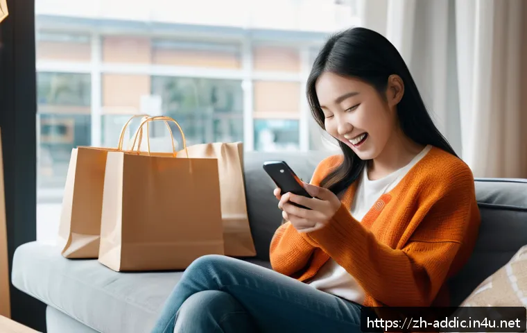 쇼핑 중독 치료 후기 - A modern young Chinese woman sitting at a cozy living room sofa, holding a smartphone with shopping ...