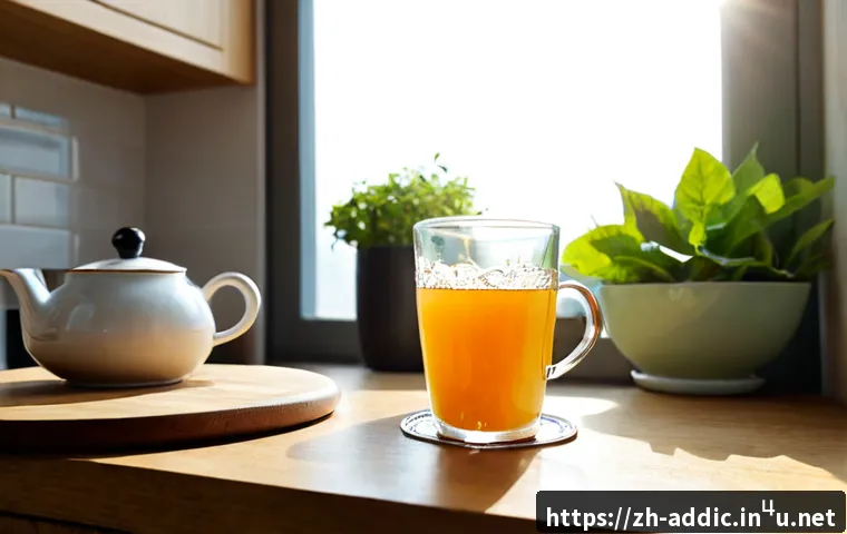카페인 중독 예방 방법 - Photorealistic morning kitchen scene, a calm adult replacing a large coffee mug with a glass of wate...