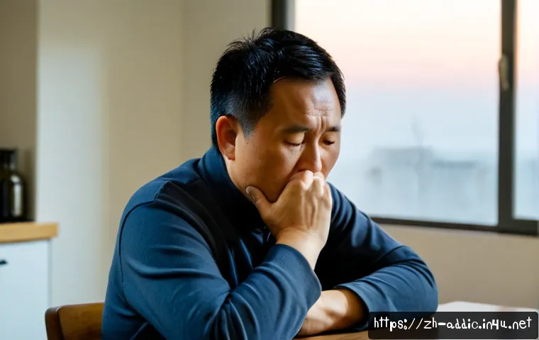 알콜 중독의 정신적 영향 - Photorealistic scene of an East Asian middle-aged man sitting alone at a kitchen table before dawn, ...
